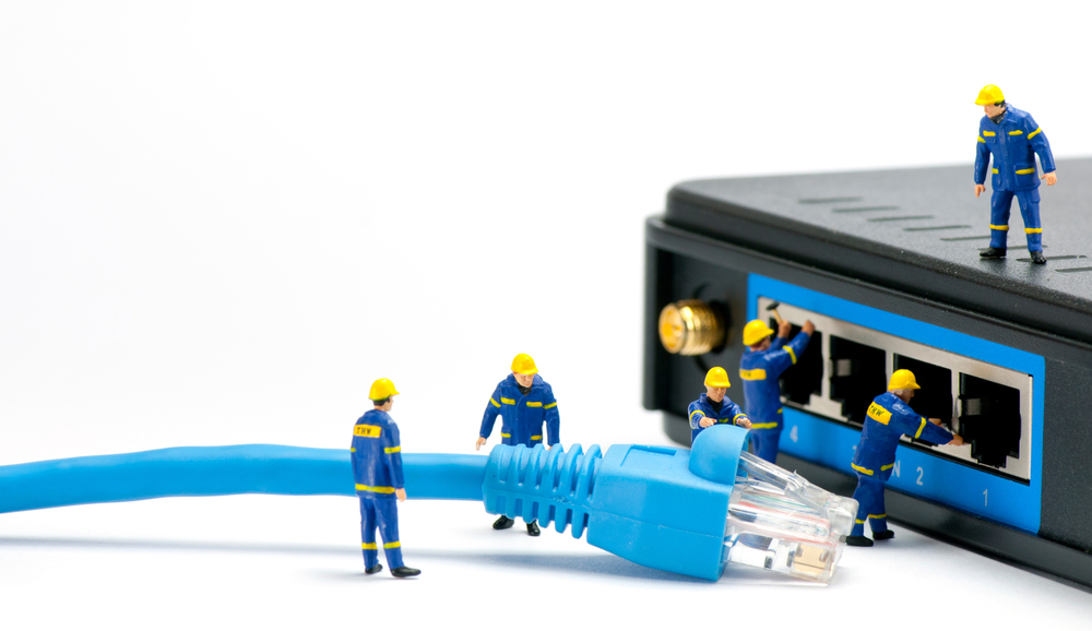Technicians,Connecting,Network,Cable.,Network,Connection,Concept